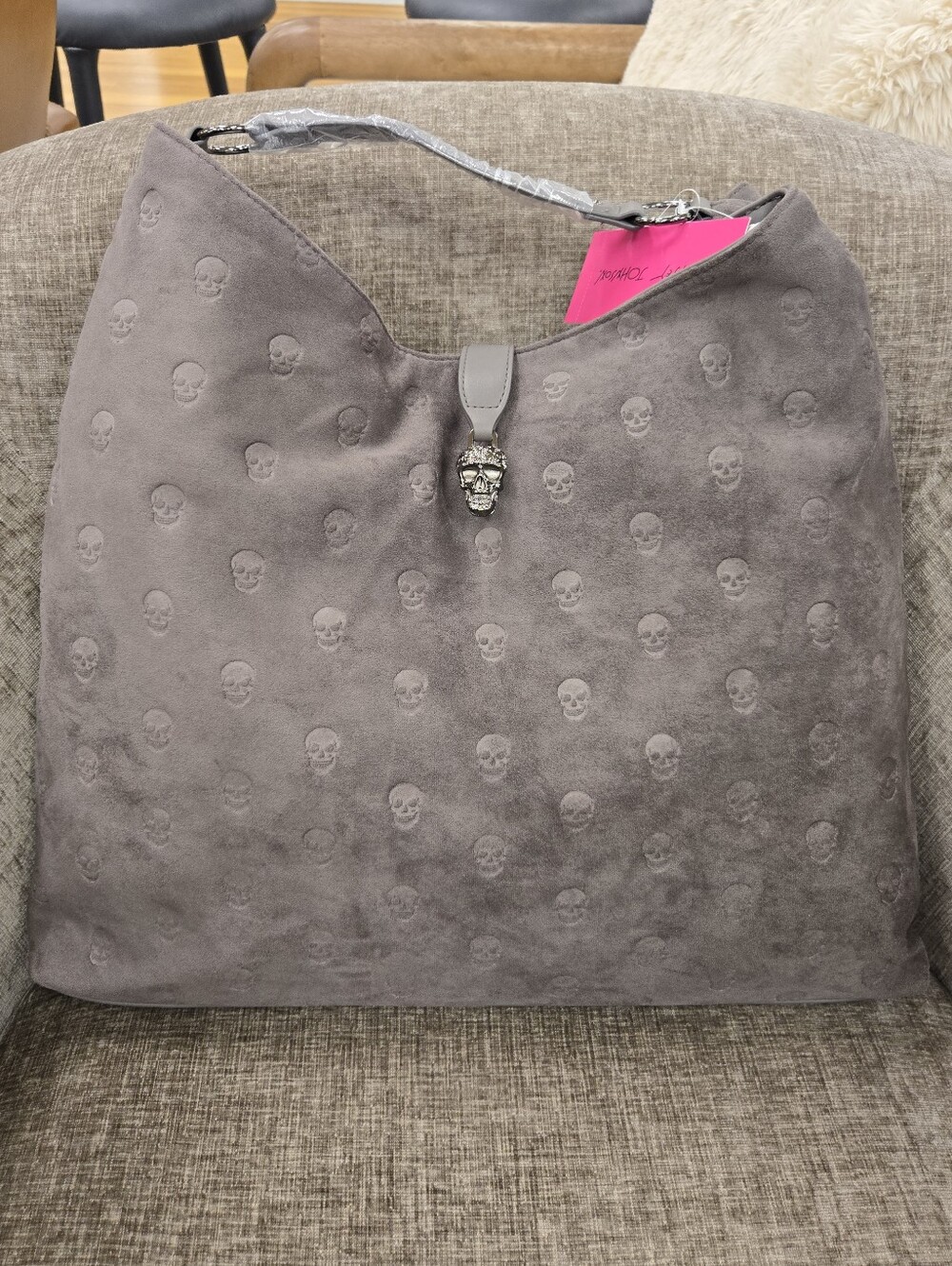 Betsey Johnson Gray Skull-Embossed Suede Hobo Handbag